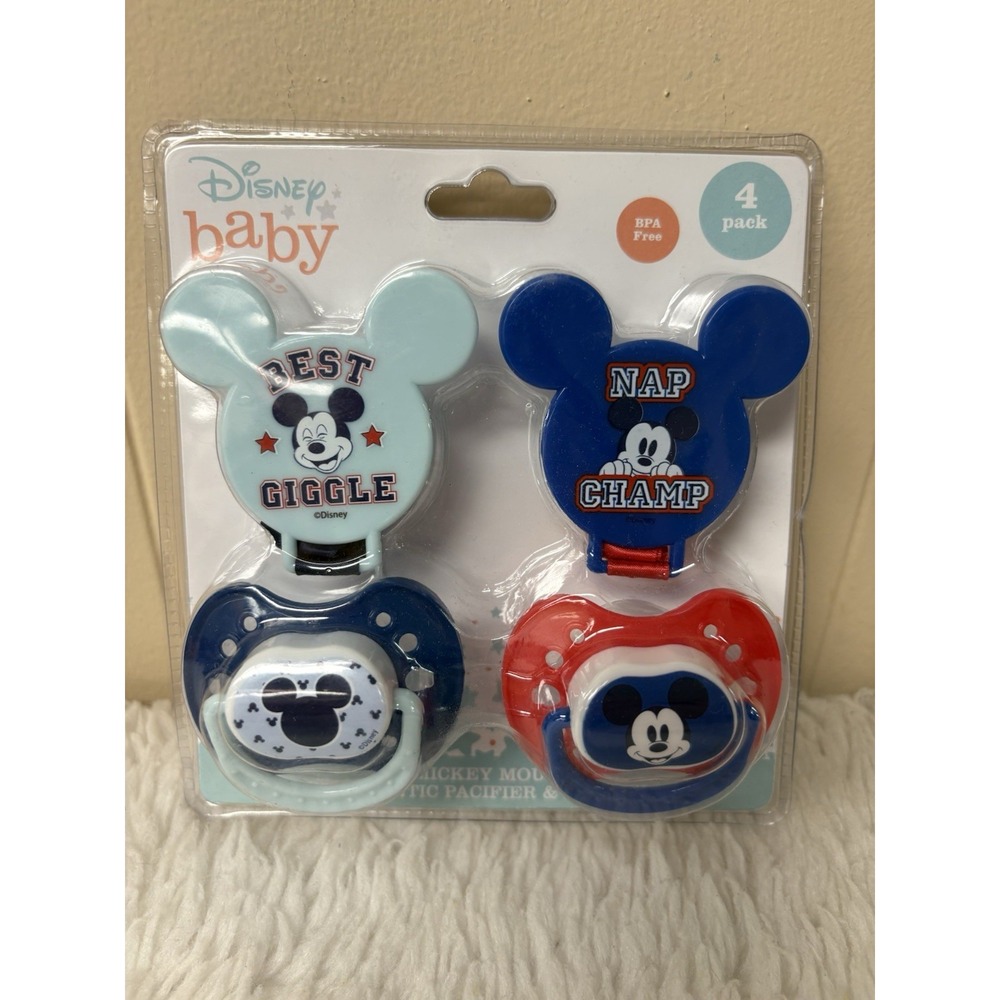 Disney Baby MickeyMouse Orthodontic Pacifier and Holder Clip Set 4 Pack Blue Red